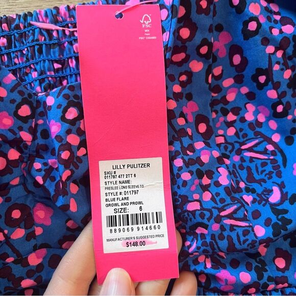 NWT Lilly Pulitzer Preslee Long Sleeve Top Blue Flare Cheetah Leopard Size 6 - Picture 3 of 6